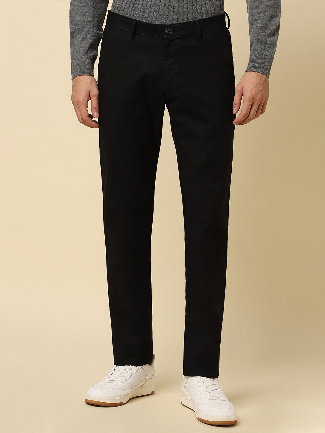 

Allen Solly Men Mid-Rise Plain Cotton Slim Fit Trousers, Black