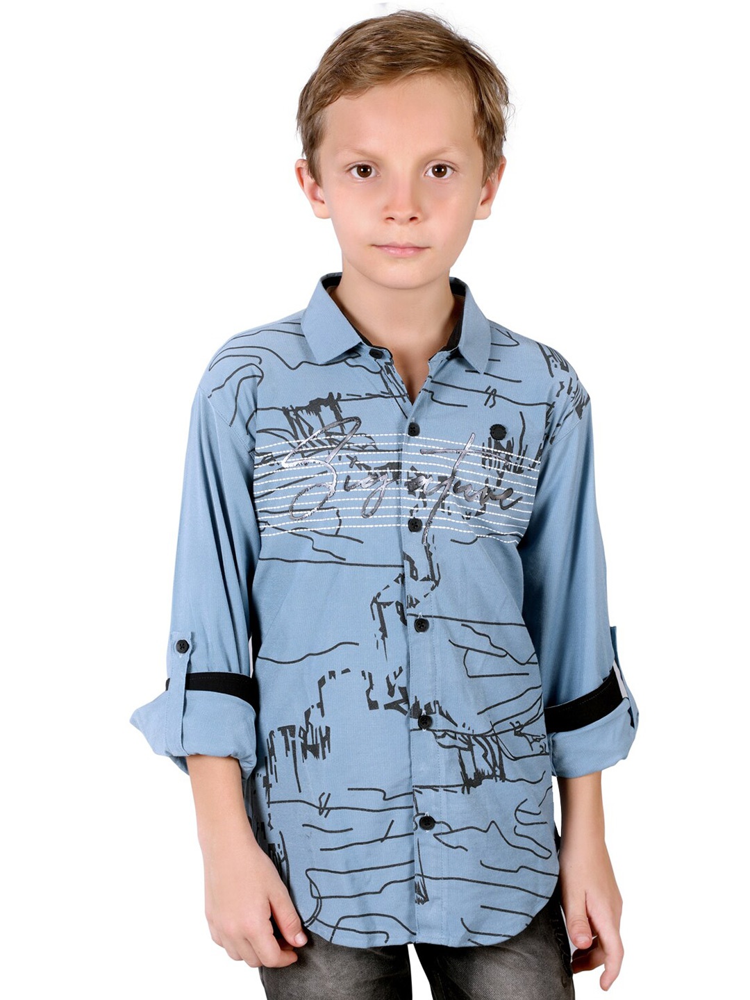 

BAESD Boys Classic Geometric Printed Roll-Up Sleeves Cotton Casual Shirt, Blue