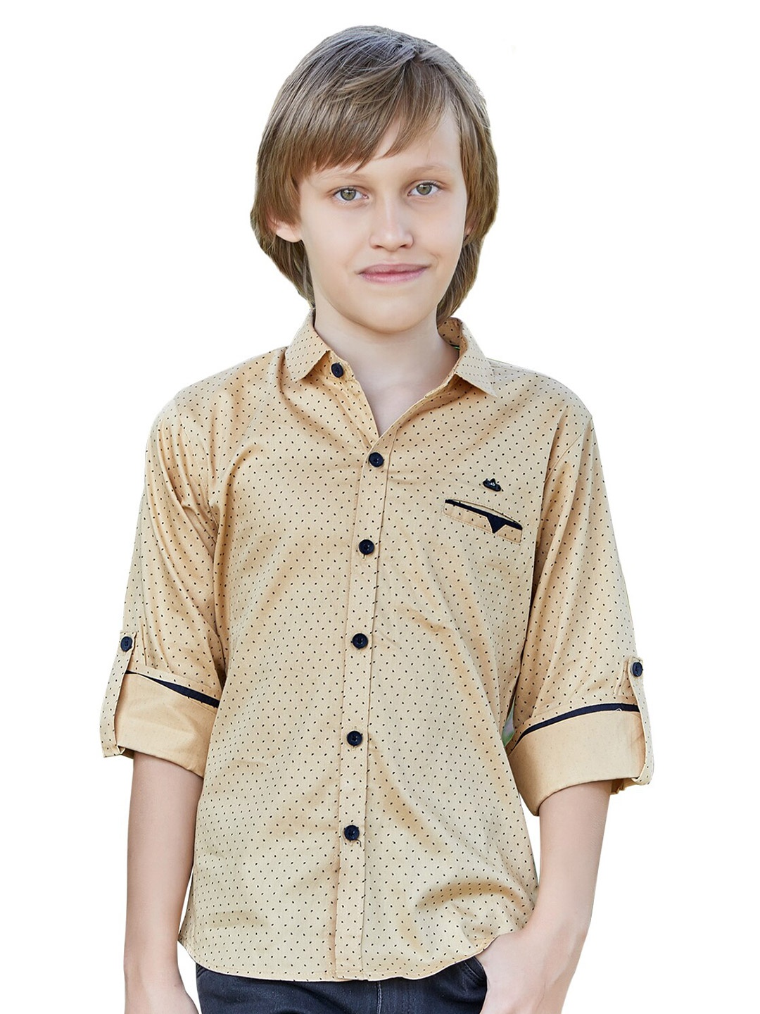 

BAESD Boys Classic Geometric Printed Roll-Up Sleeves Dobby Lycra Cotton Casual Shirt, Khaki