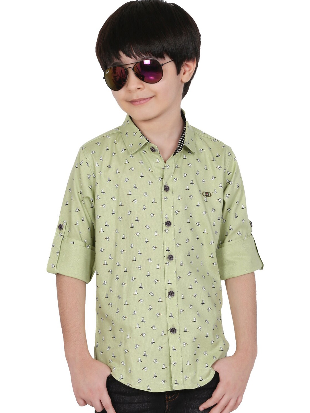 

BAESD Boys Classic Conversational Printed Roll-Up Sleeves Cotton Casual Shirt, Green