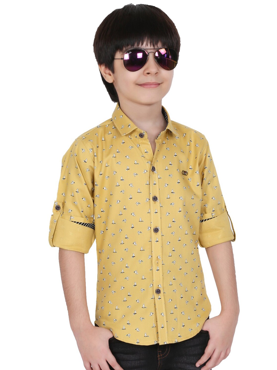 

BAESD Boys Classic Conversational Printed Roll-Up Sleeves Cotton Casual Shirt, Yellow