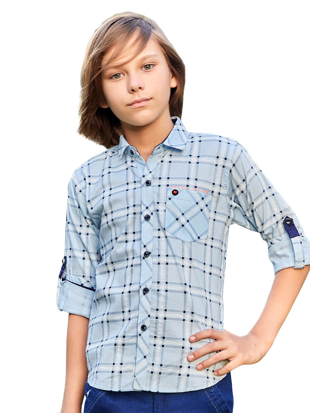 

BAESD Boys Classic Checked Roll-Up Sleeves Cotton Casual Shirt With T-shirt, Blue