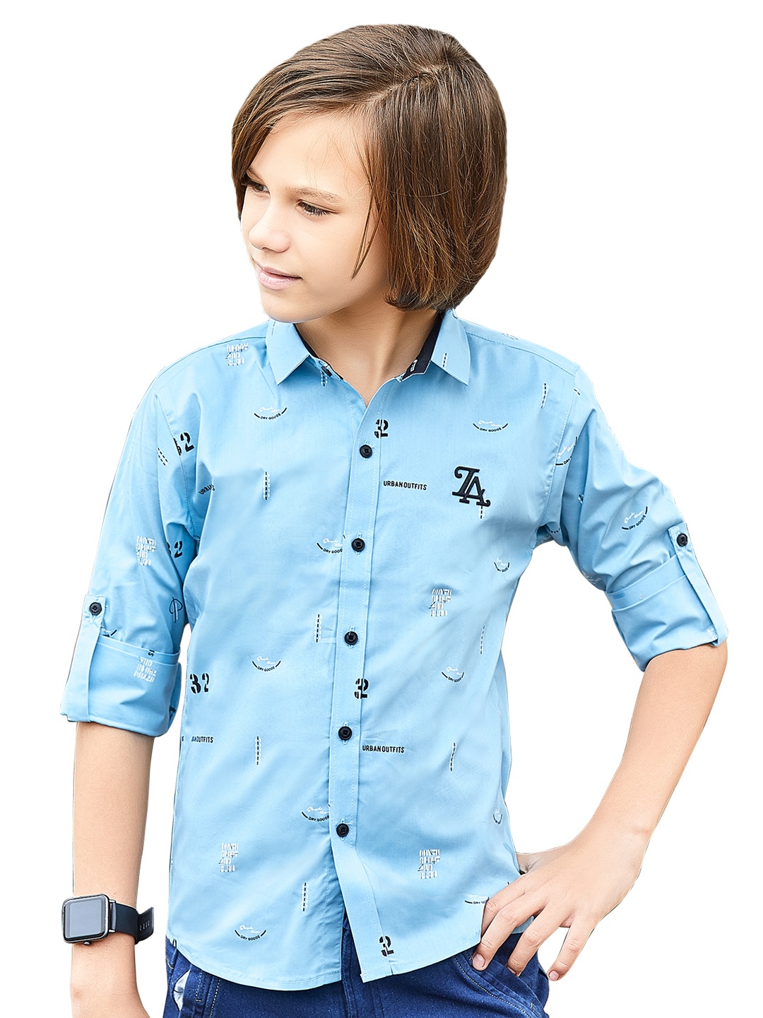 

BAESD Boys Classic Typography Printed Spread Collar Long Sleeves Casual Shirt, Blue