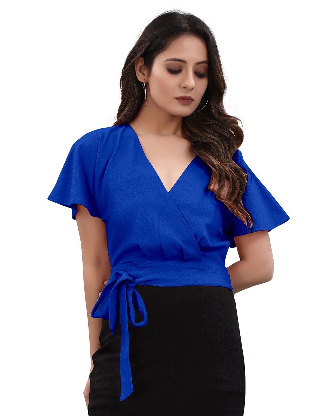 

BAESD Colourblocked V-Neck Flared Sleeves Tie-Up Detailed Sheath Dress, Blue