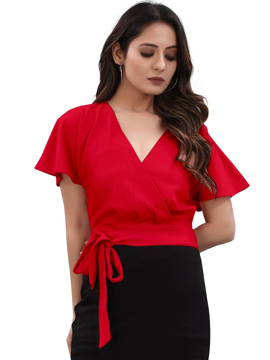 

BAESD Colourblocked V-Neck Flared Sleeves Tie-Up Detailed Sheath Dress, Red