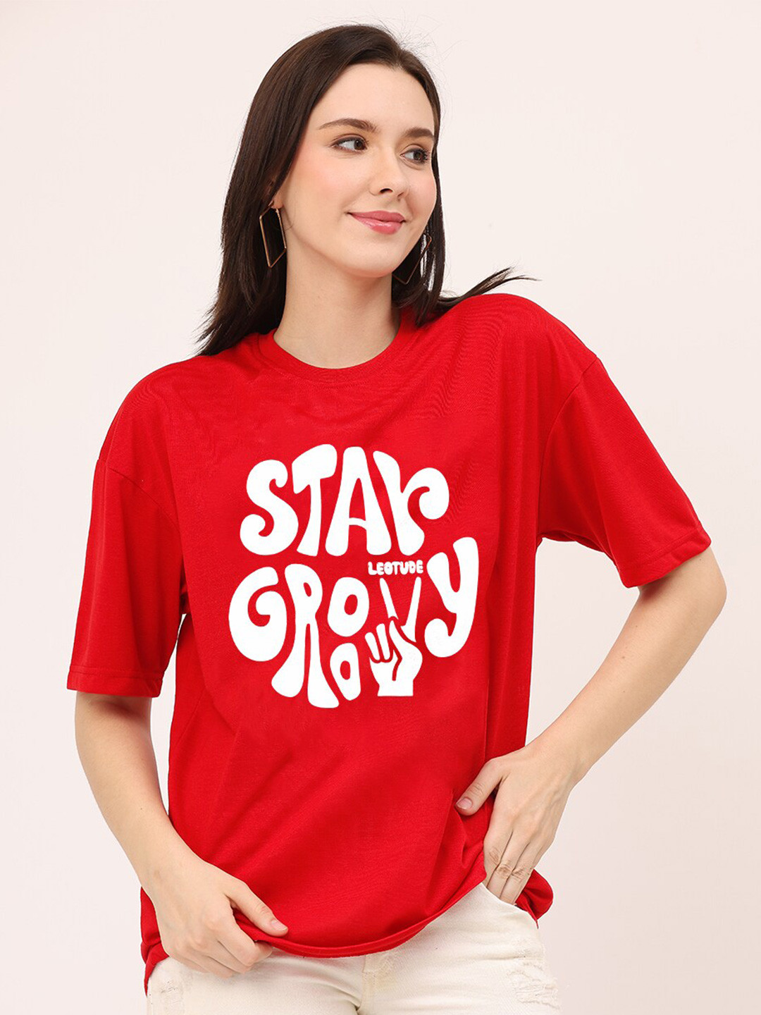 

Leotude Typography Printed Drop-Shoulder Sleeves Oversized T-shirt, Red