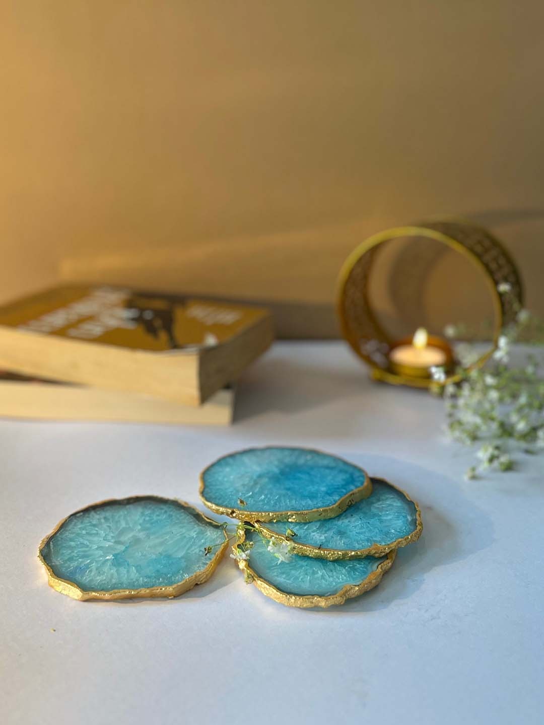 

HOMEARTE Turquoise Blue & Gold Toned 2 Pieces Round Agate Stone Coasters