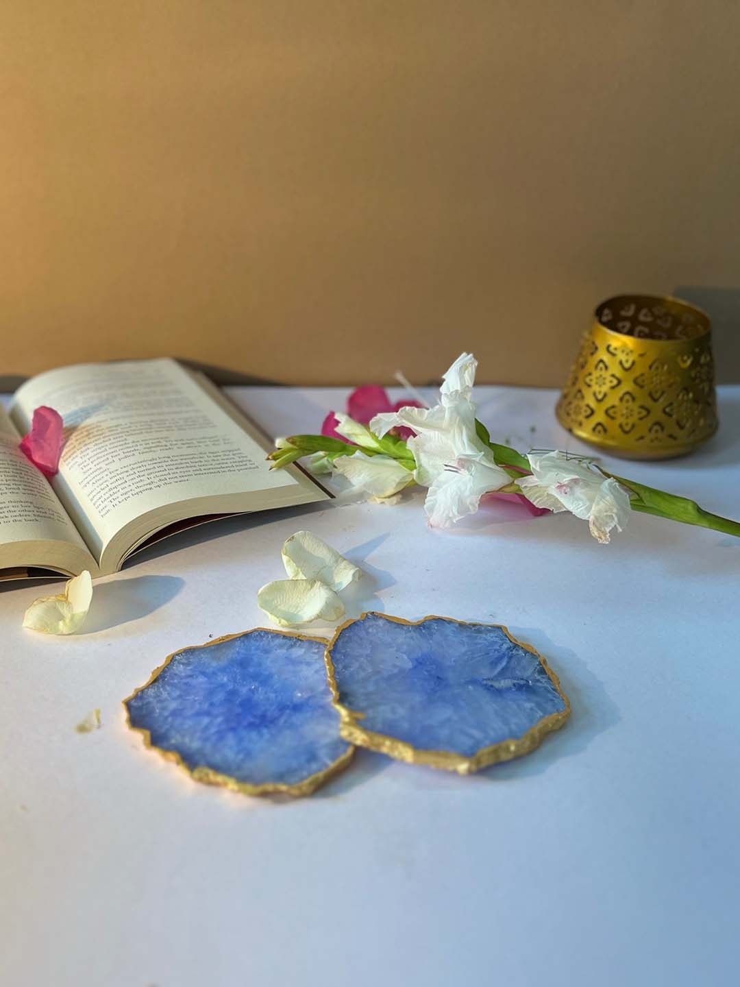 

HOMEARTE Blue 2 Pieces Textured Round Agate Stone Coasters