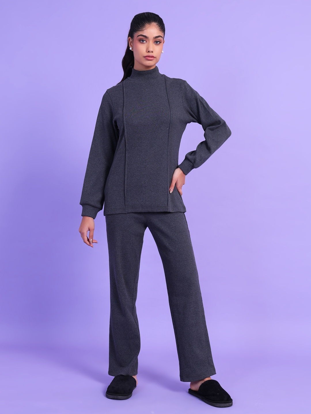 

Da Intimo Grey Ribbed High Neck Top With Trouser