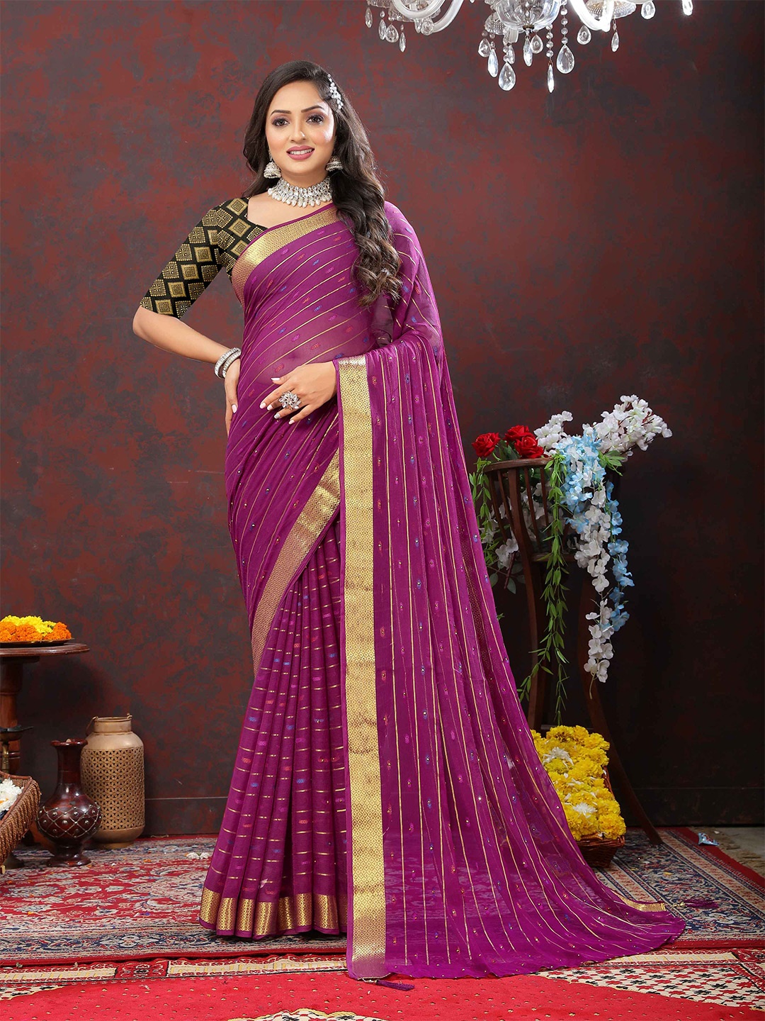 

Rhey Striped Woven Design Zari Pure Chiffon Banarasi Saree, Purple