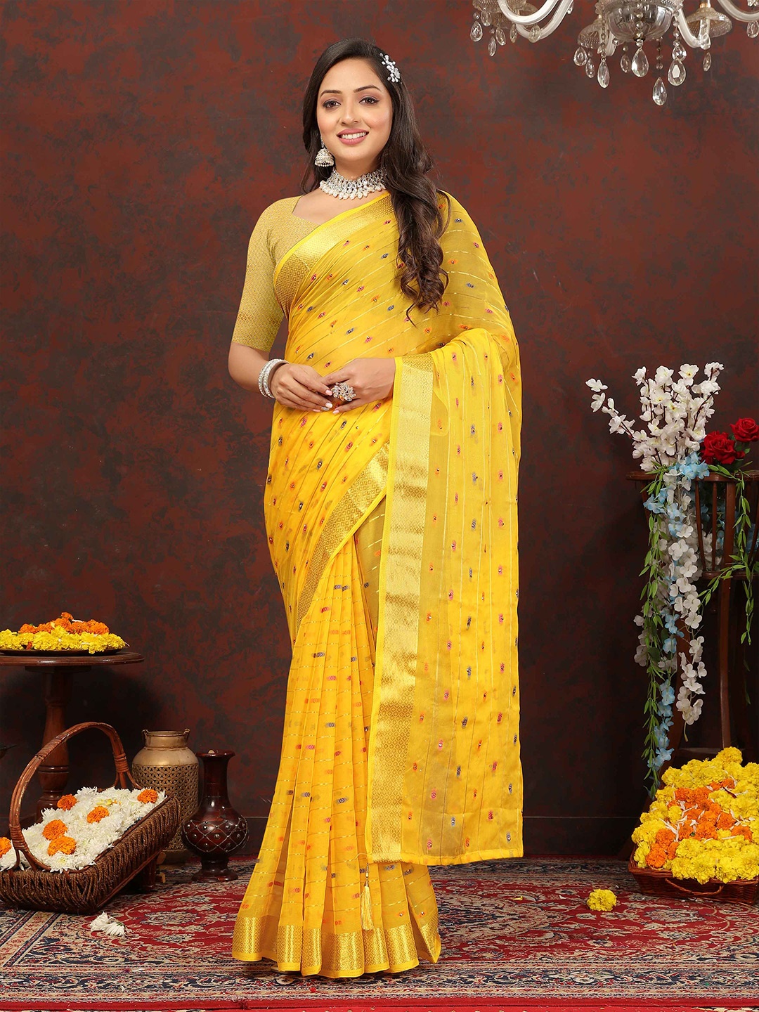 

Rhey Woven Design Zari Pure Chiffon Banarasi Saree, Yellow