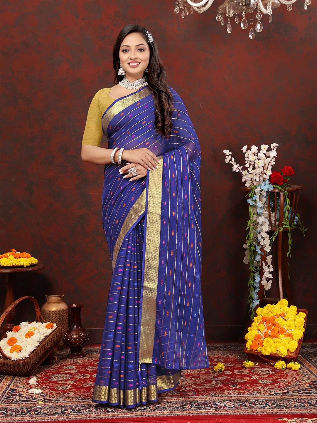 

Rhey Striped Woven Design Zari Pure Chiffon Banarasi Saree, Navy blue