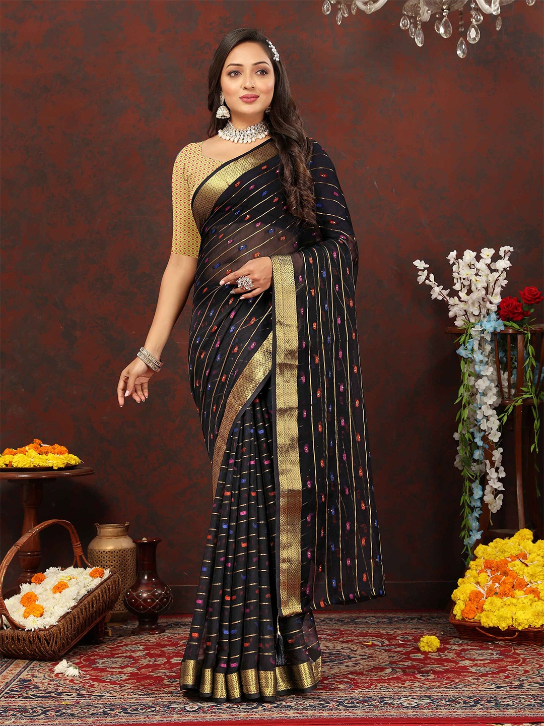 

Rhey Striped Ethnic Motifs Zari Pure Chiffon Banarasi Saree, Black