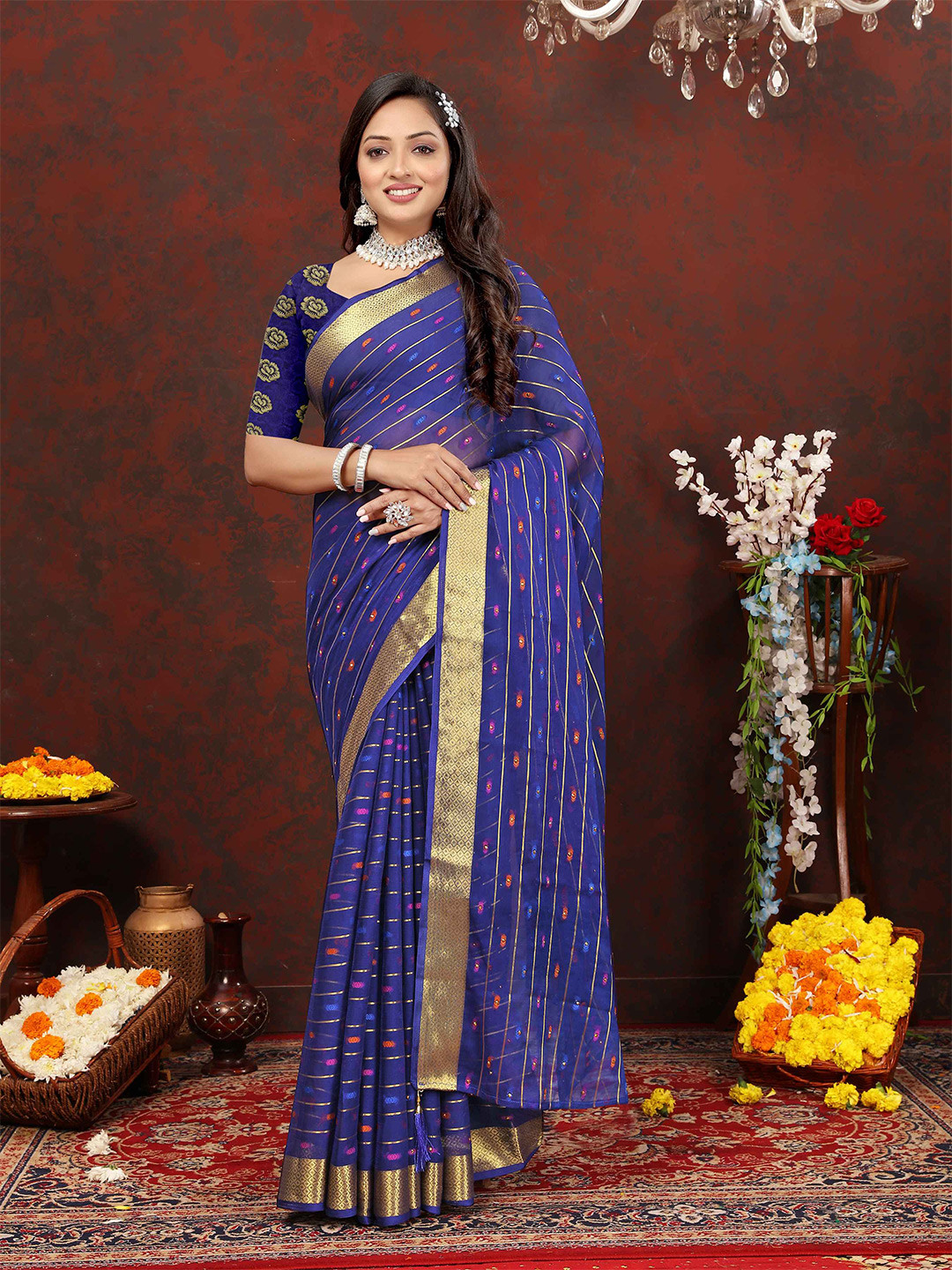 

Rhey Striped Woven Design Zari Pure Chiffon Banarasi Saree, Navy blue
