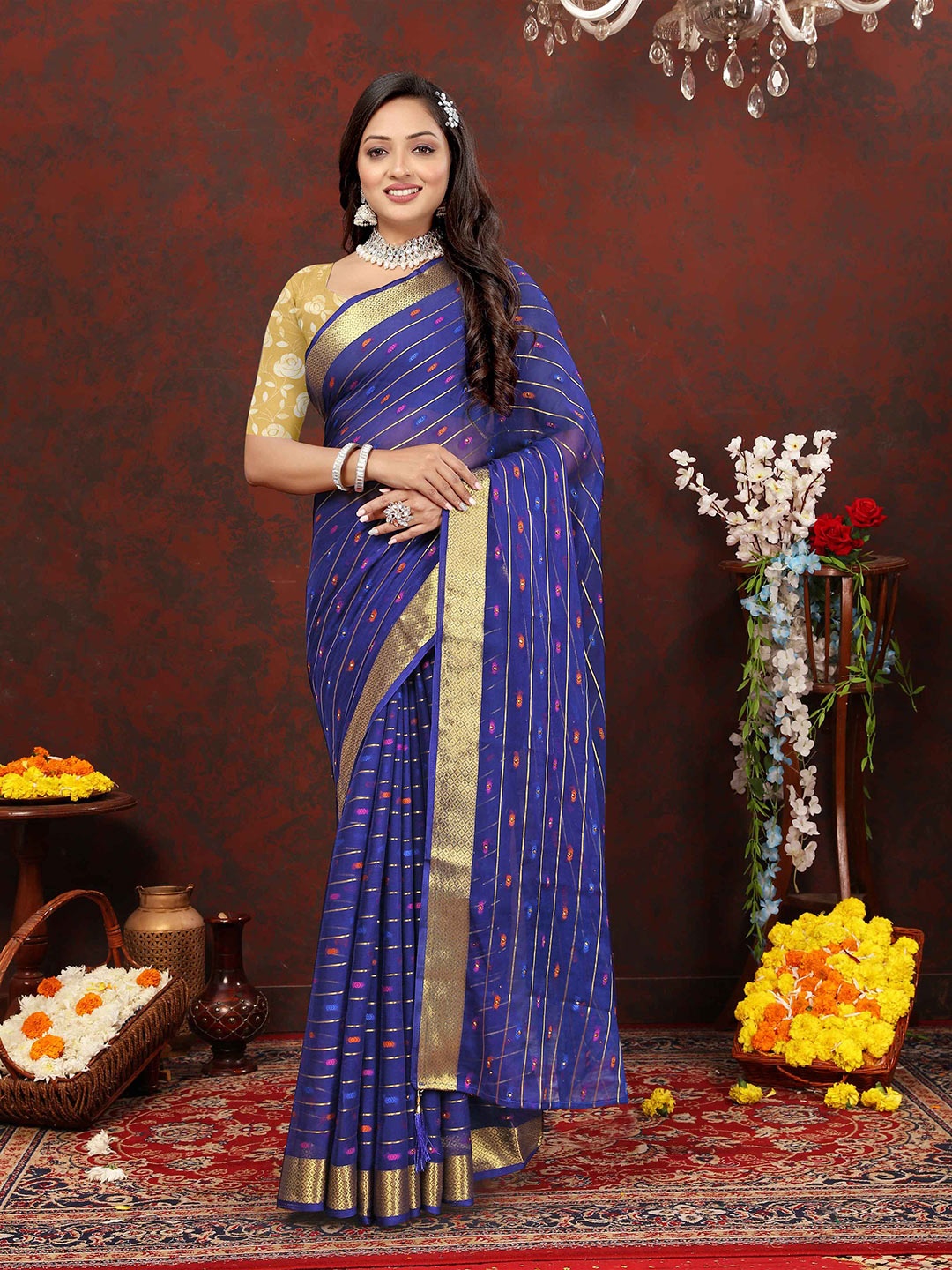 

Rhey Striped Woven Design Zari Pure Chiffon Banarasi Saree, Navy blue