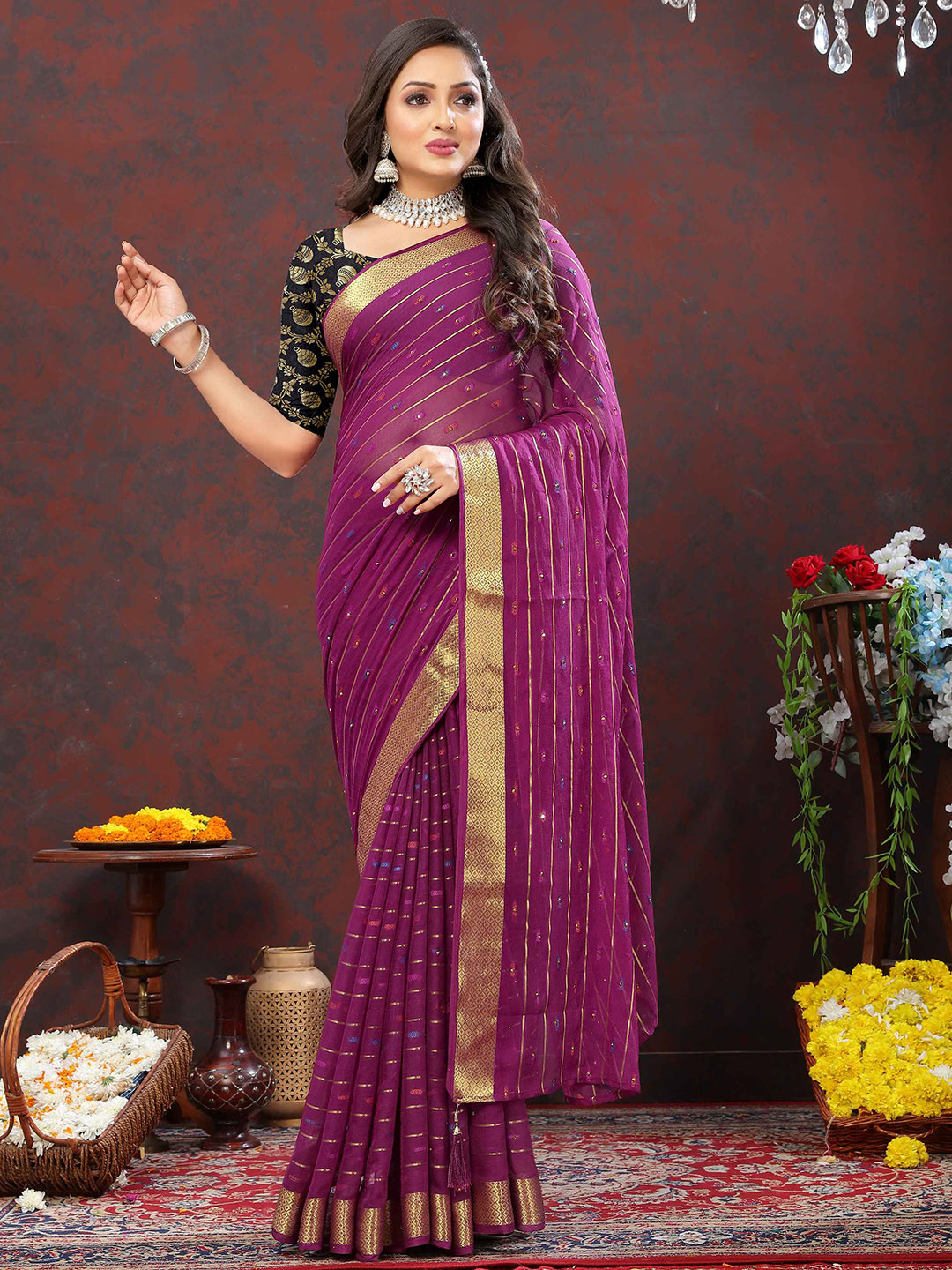 

Rhey Woven Design Zari Pure Chiffon Banarasi Saree, Purple