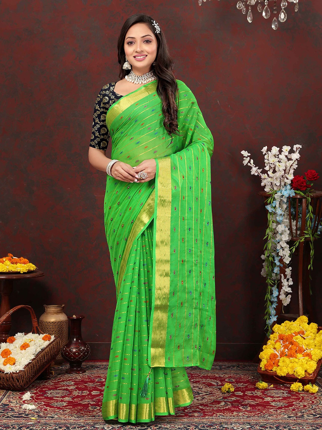 

Rhey Striped Woven Design Zari Pure Chiffon Banarasi Saree, Green