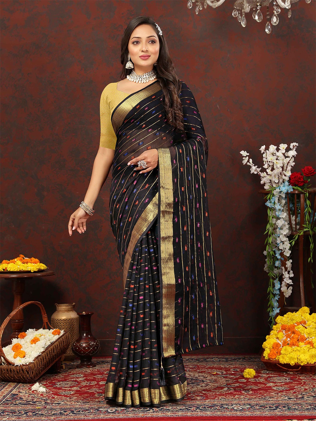 

Rhey Striped Woven Design Zari Pure Chiffon Banarasi Saree, Black