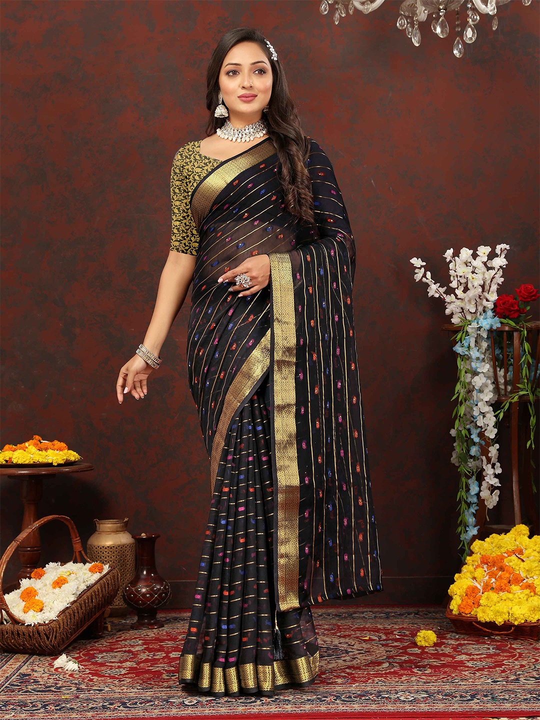 

Rhey Woven Design Zari Pure Chiffon Banarasi Saree, Black