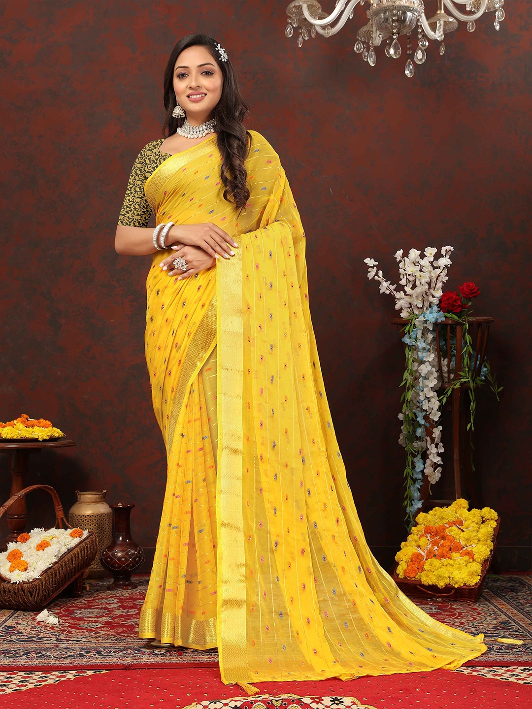

Rhey Striped Woven Design Zari Pure Chiffon Banarasi Saree, Yellow