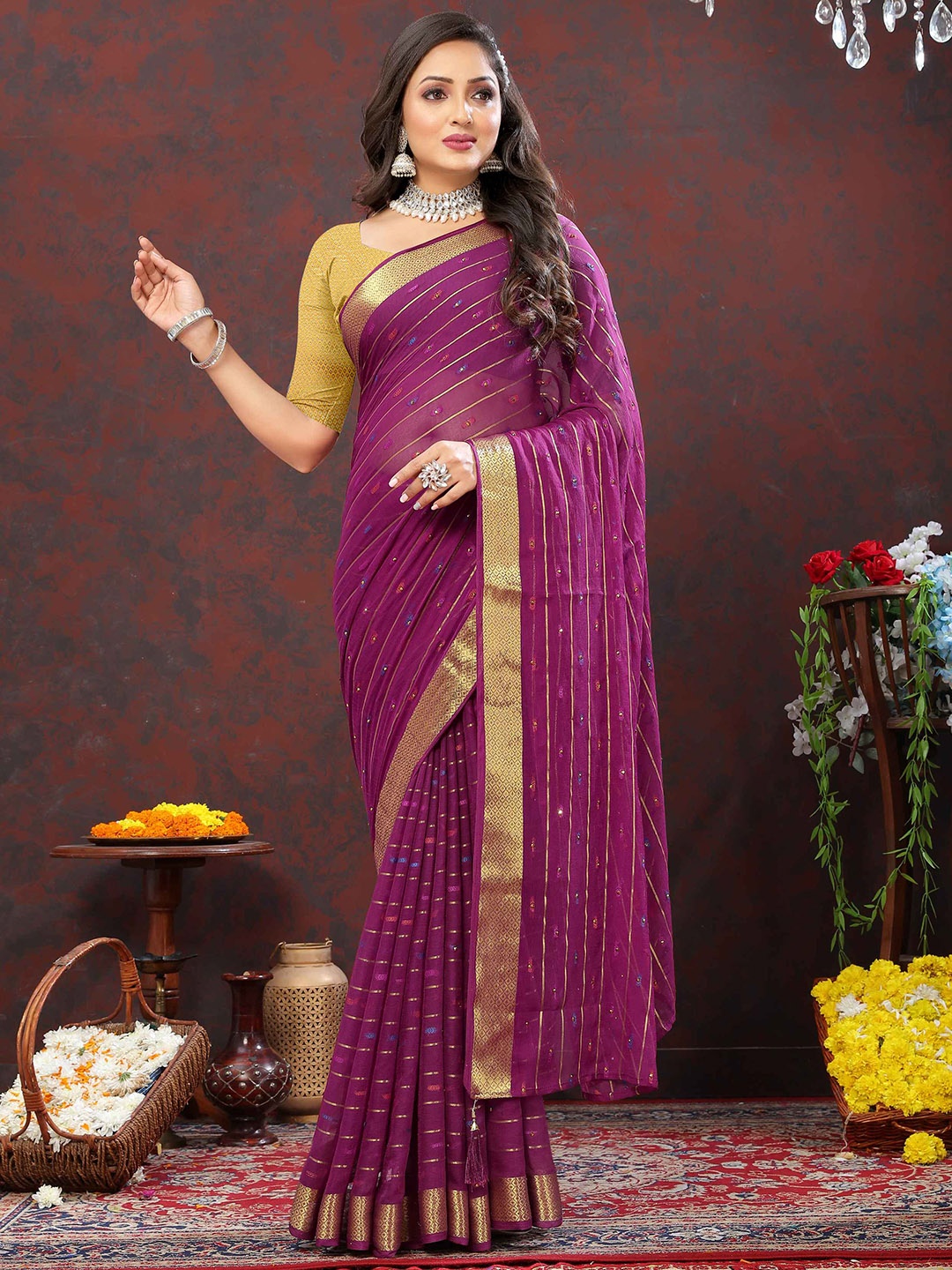 

Rhey Woven Design Zari Pure Chiffon Banarasi Saree, Purple