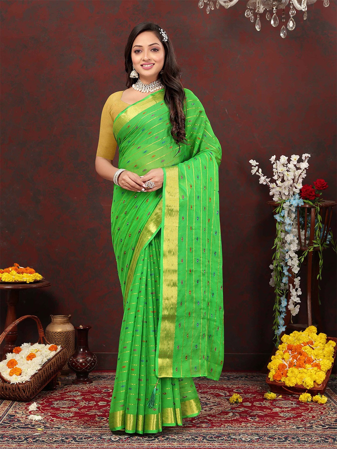 

Rhey Striped Woven Design Zari Banarasi Saree, Green