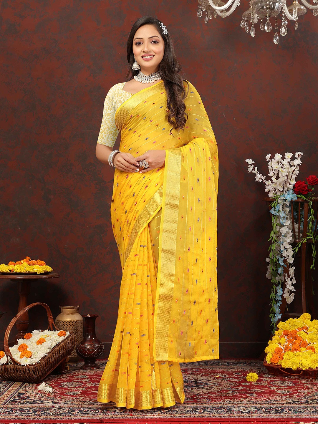 

Rhey Striped Woven Design Zari Pure Chiffon Banarasi Saree, Yellow