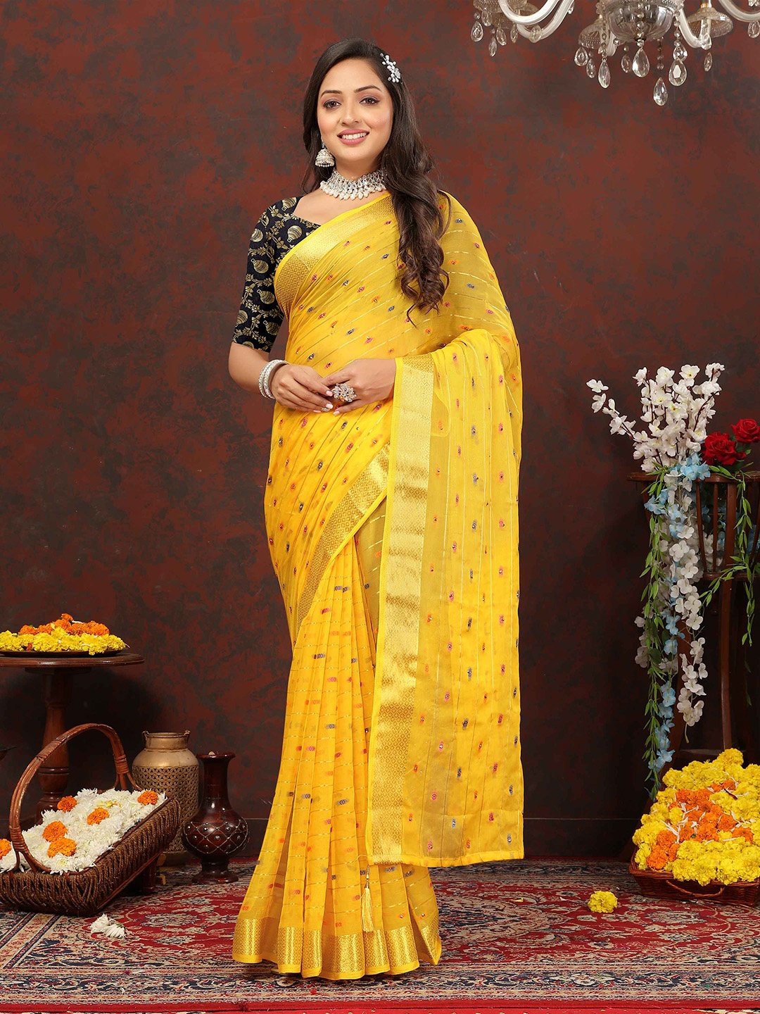 

Rhey Woven Design Zari Pure Chiffon Banarasi Saree, Yellow