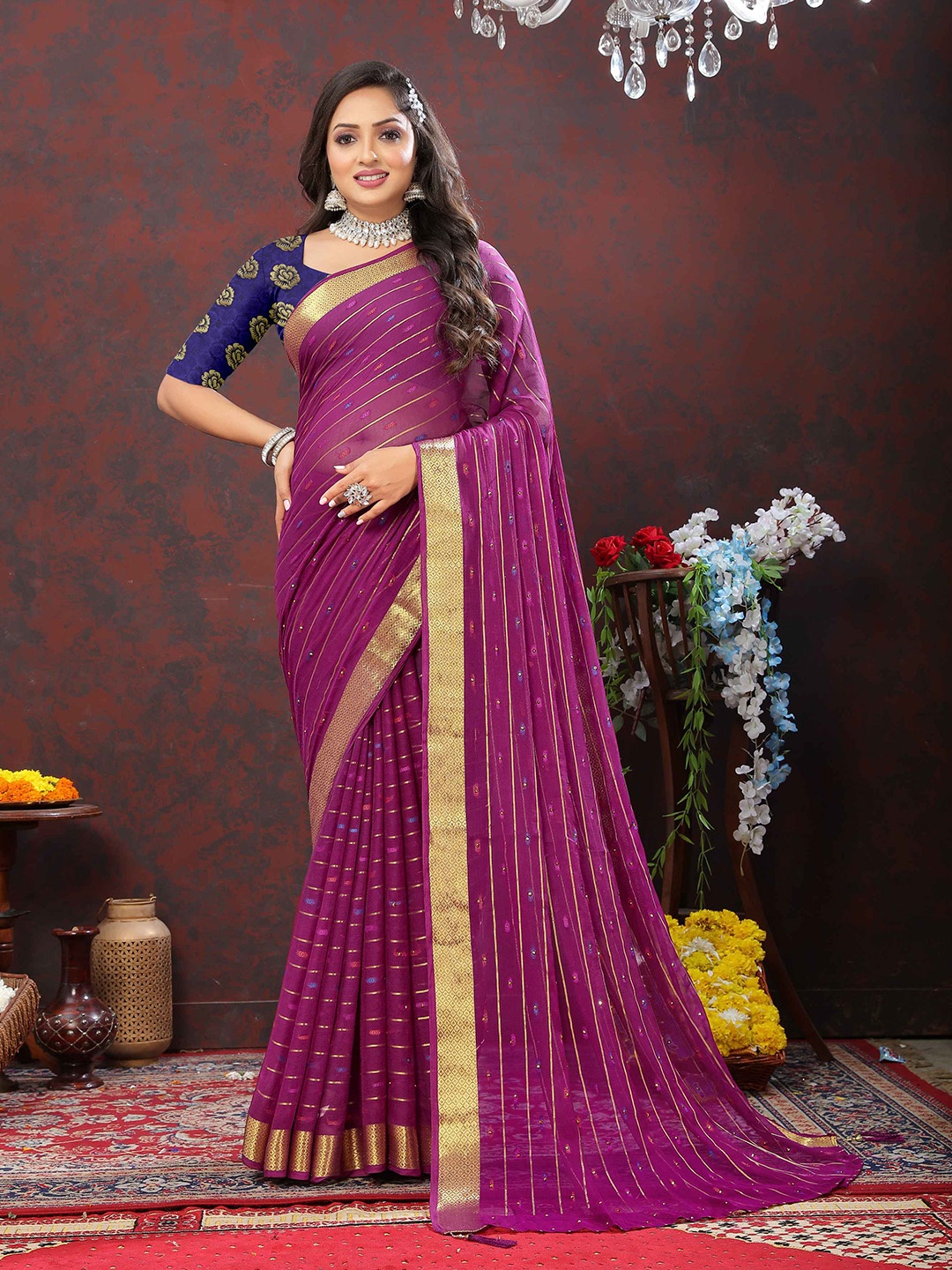 

Rhey Woven Design Zari Pure Chiffon Banarasi Saree, Purple