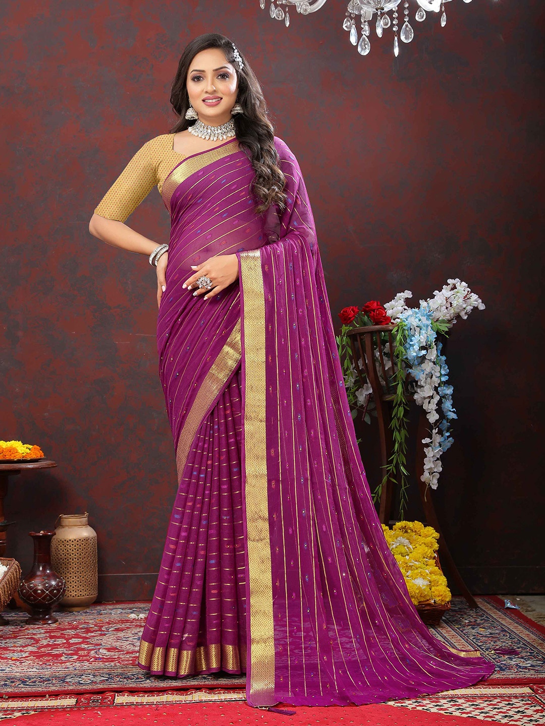 

Rhey Striped Woven Design Zari Pure Chiffon Banarasi Saree, Purple