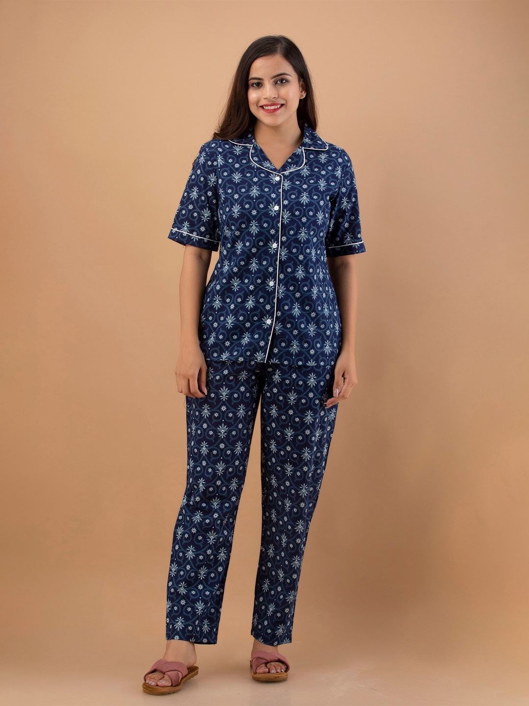 

UNIBLISS Ethnic Motifs Printed Pure Cotton Night suit, Blue