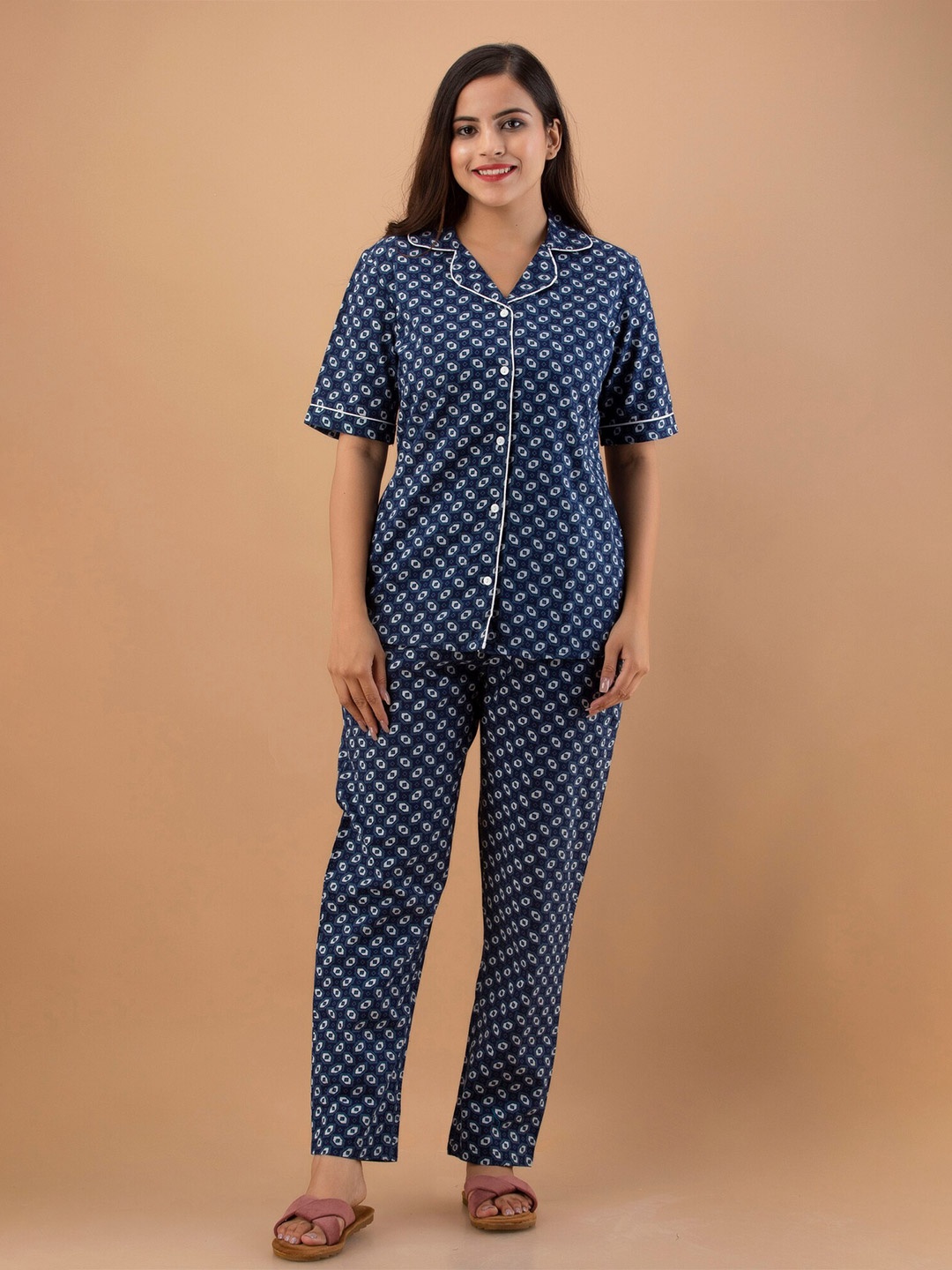 

UNIBLISS Ethnic Motifs Printed Pure Cotton Night suit, Blue
