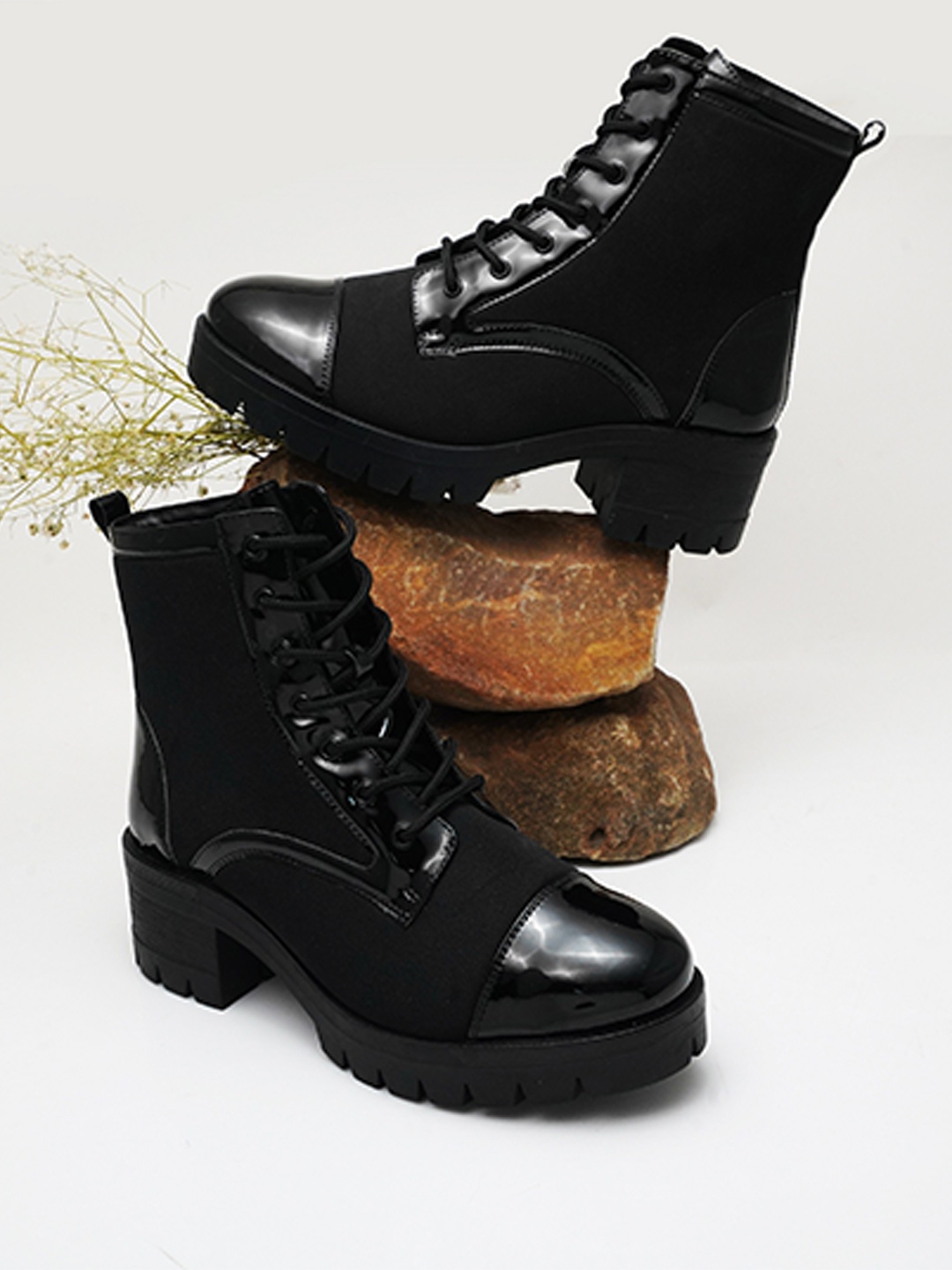 

THE WHITE POLE Women Block-Heeled Lace-Ups Boots, Black