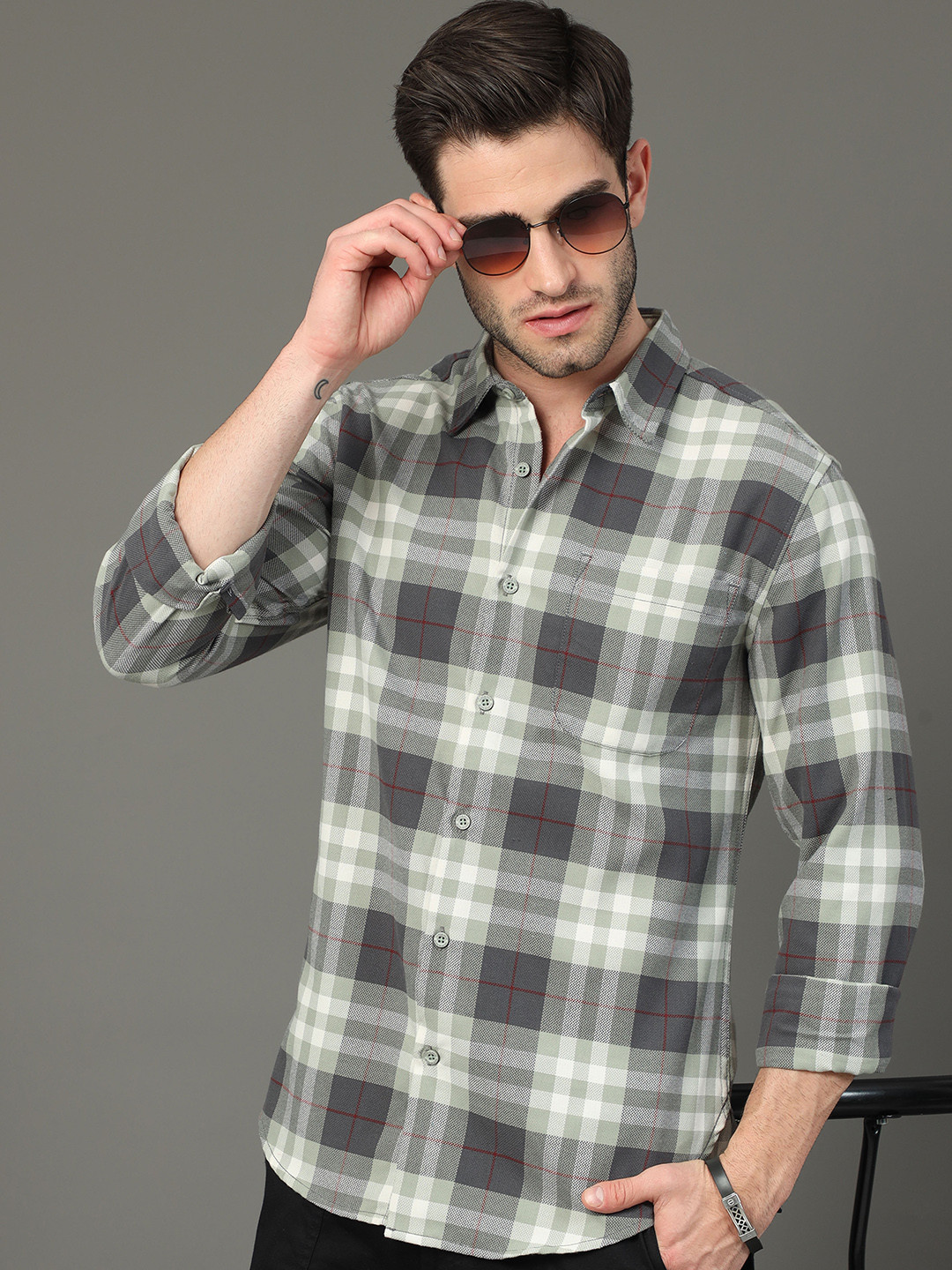

HERE&NOW Slim Fit Tartan Checks Spread Collar Casual Shirt, Grey
