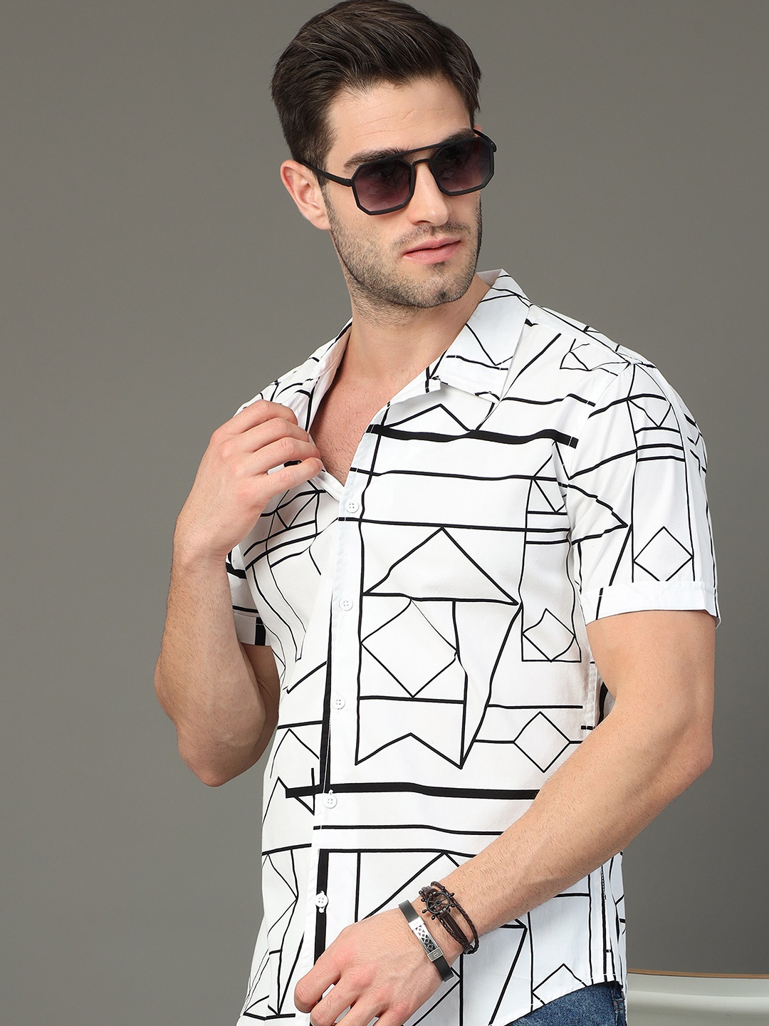 

HERE&NOW Slim Fit Geometric Printed Cuban Collar Cotton Casual Shirt, White