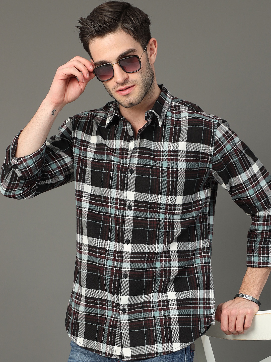 

HERE&NOW Slim Fit Tartan Checks Spread Collar Casual Shirt, Green