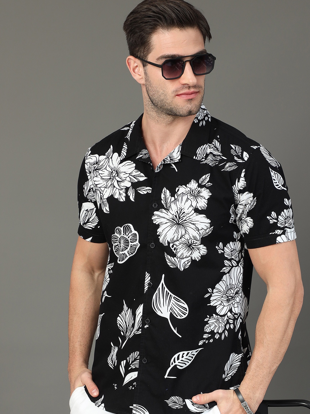 

HERE&NOW Slim Fit Floral Printed Cotton Casual Shirt, Black