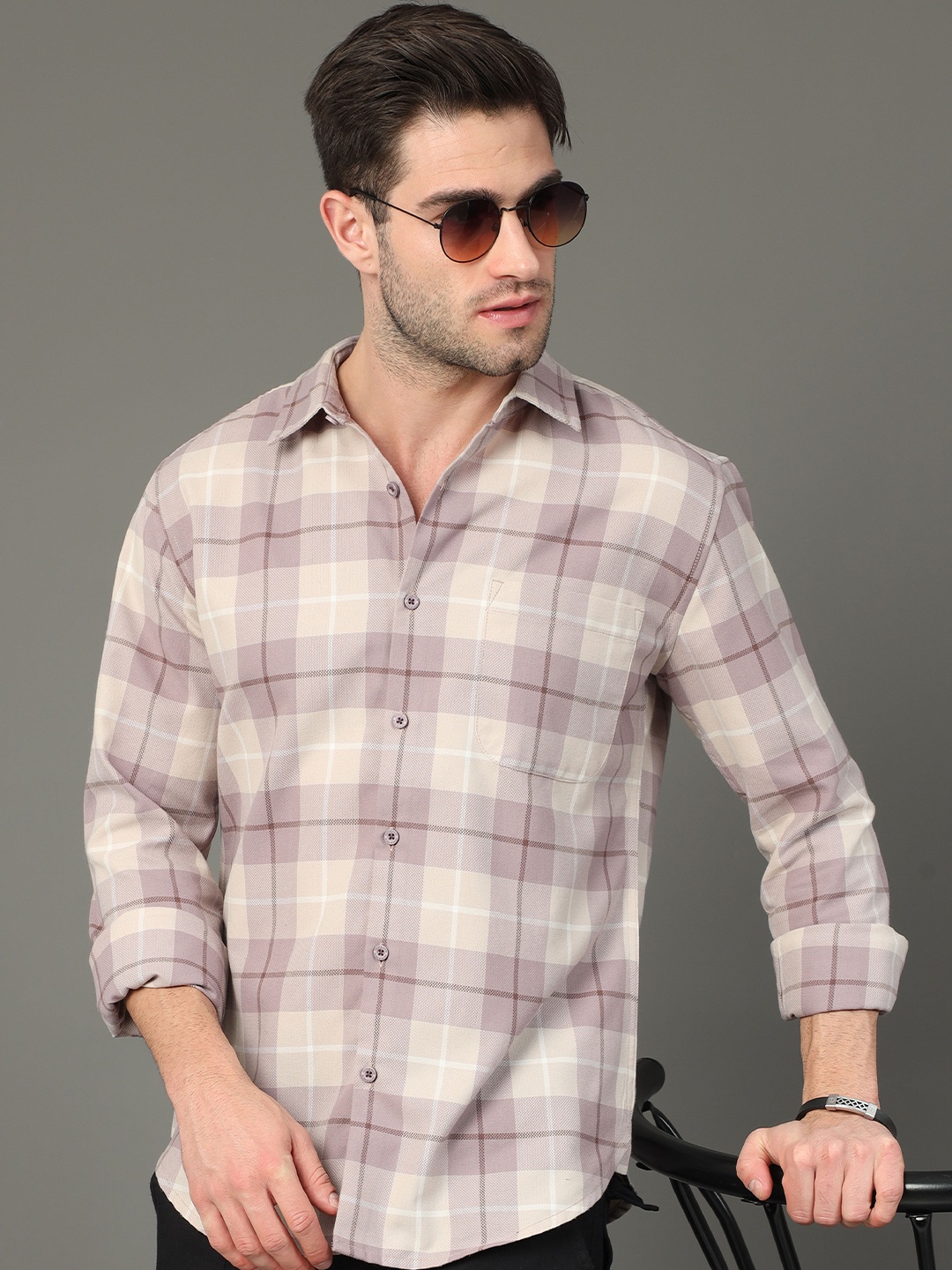 

HERE&NOW Slim Fit Tartan Checked Casual Shirt, Beige