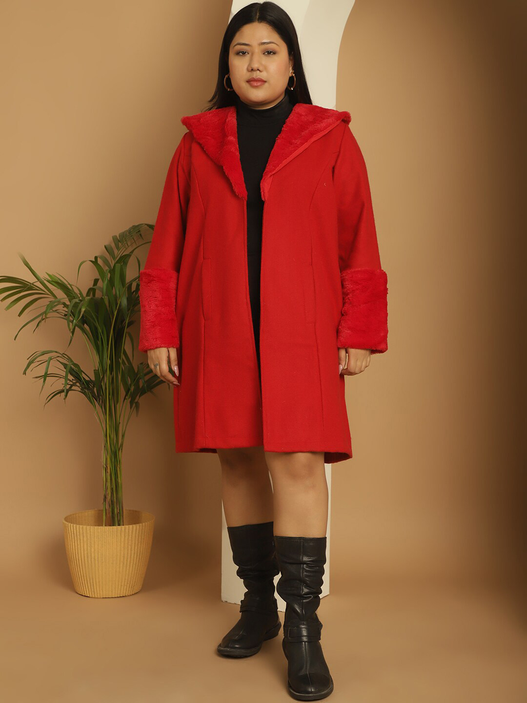 

theRebelinme Plus Size Faux Fur Trim Hooded Longline Tailored Jacket, Red