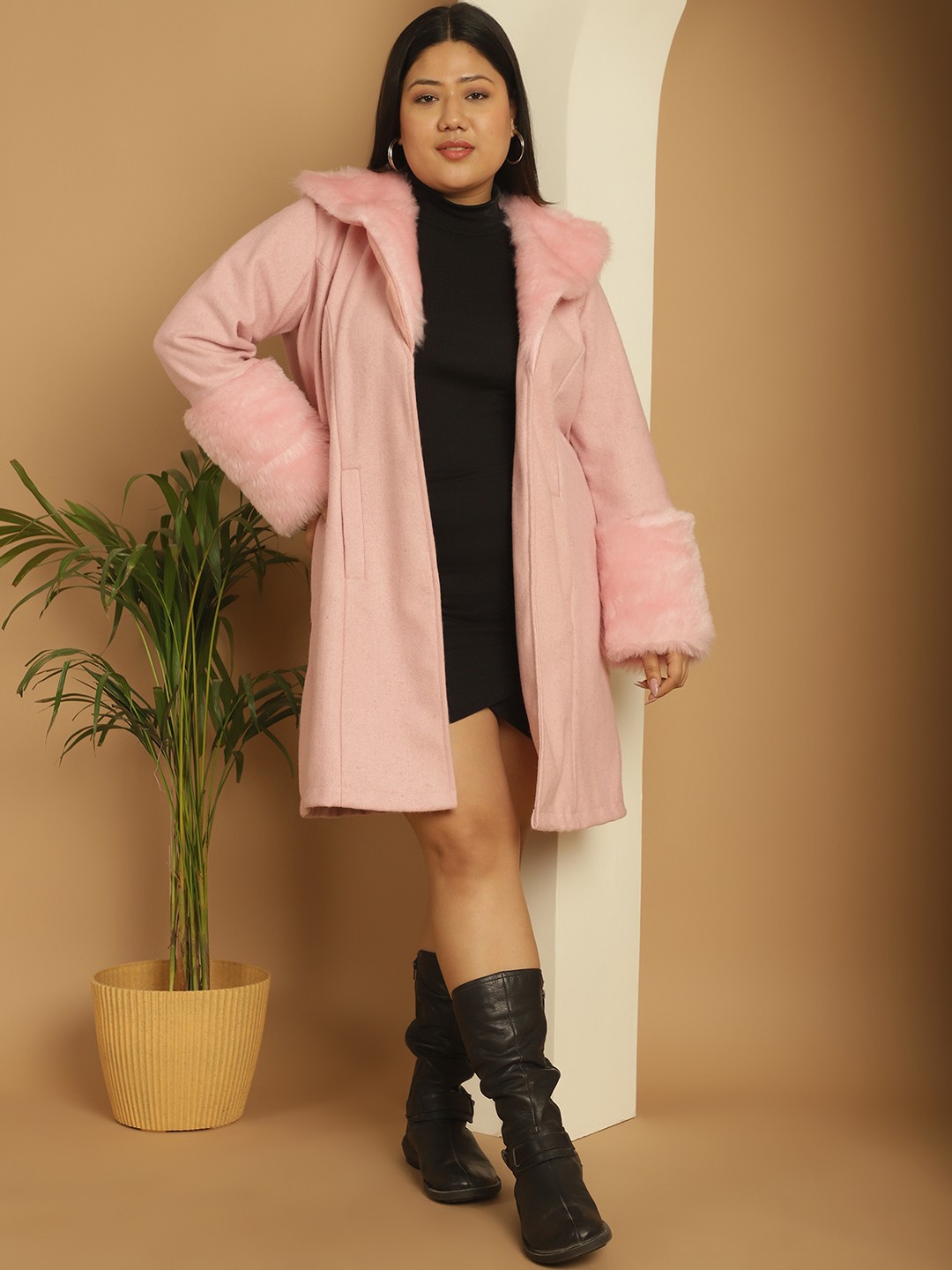 

theRebelinme Plus Size Faux Fur Trim Hooded Longline Tailored Jacket, Pink