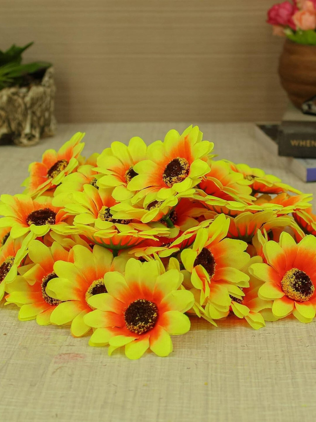 

TIED RIBBONS 50 Pieces Yellow & Orange Artificial Sunflower Heads