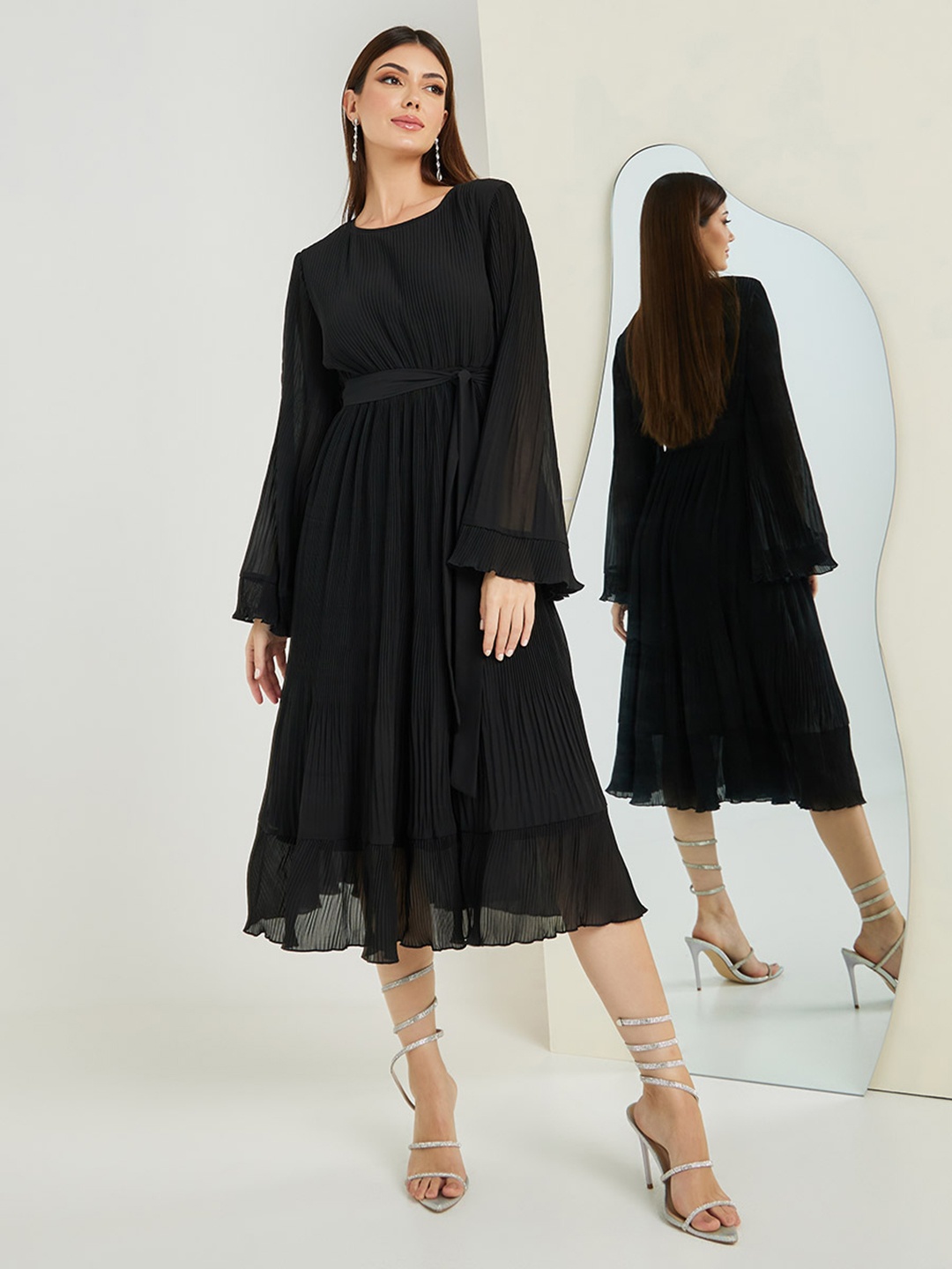 

Styli Bell Sleeve Plisse Fit & Flare Midi Dress With Belt, Black