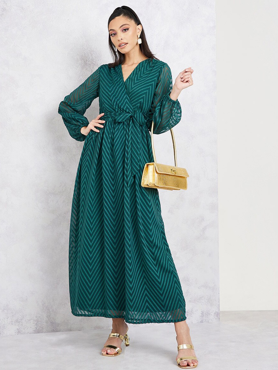 

Styli Women Printed Long Sleeves Wrap A-Line Dress, Green