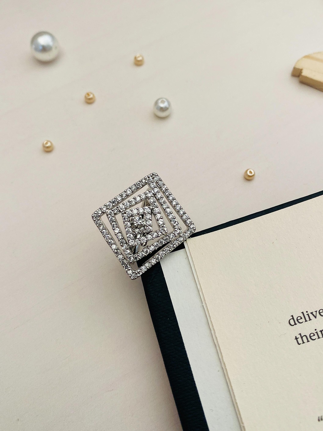 

ABDESIGNS Silver-Plated American Diamond-Studded Adjustable Finger Ring