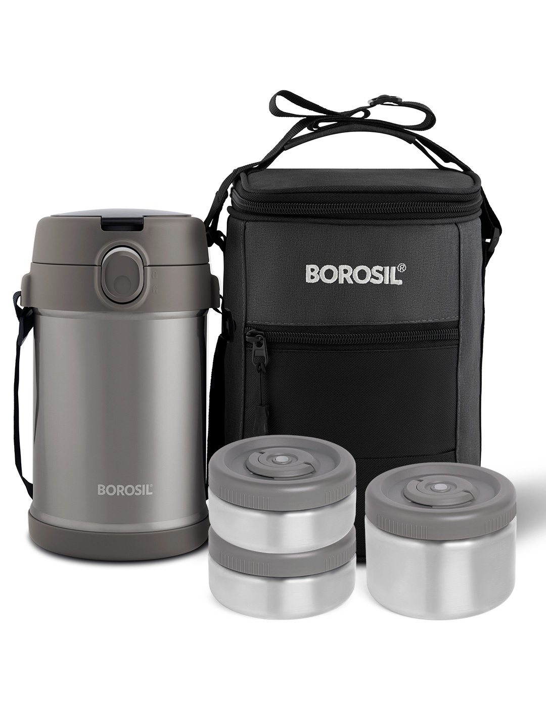 

BOROSIL Grey 3 Pieces Stainless Steel Lunch Box with Bag & Foldable Spoon