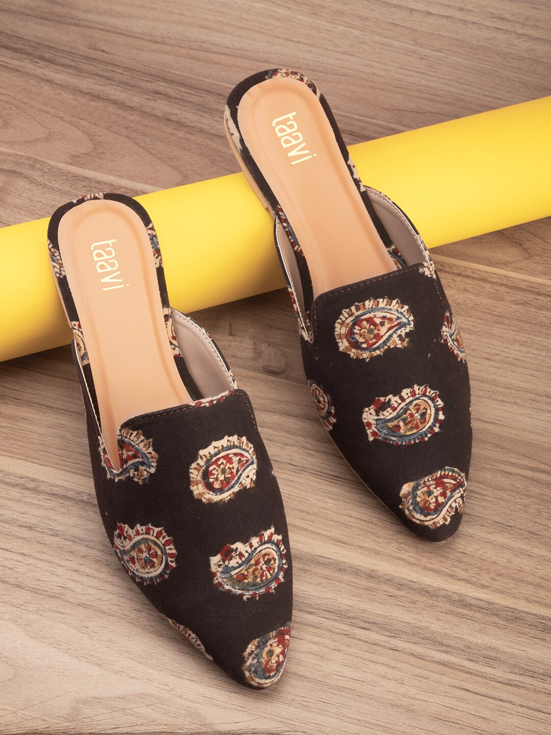 

Taavi Ethnic Motifs Printed Slip-On Mules, Black