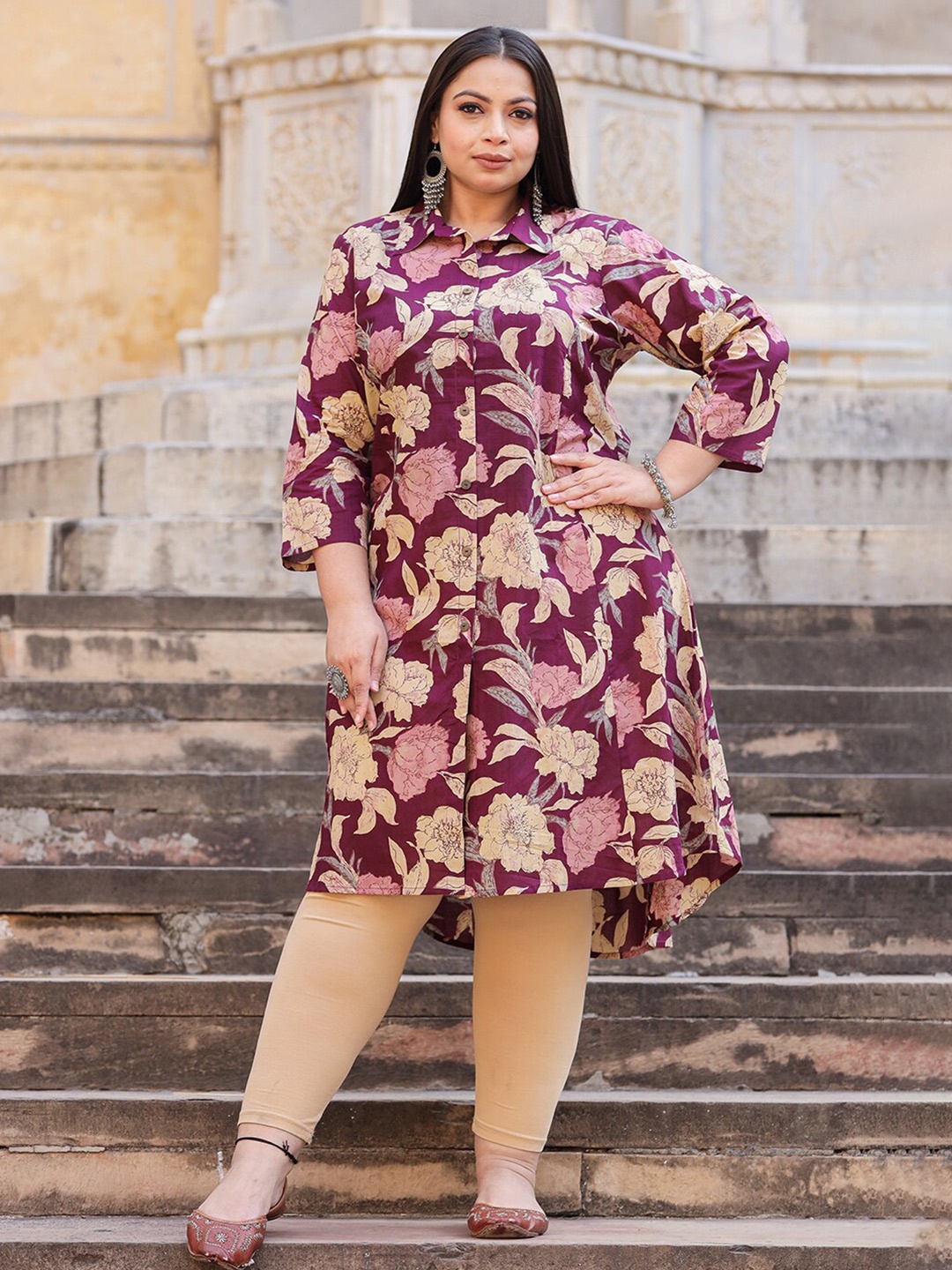 

KAAJH Floral Printed Shirt Collar A-Line Kurta, Maroon