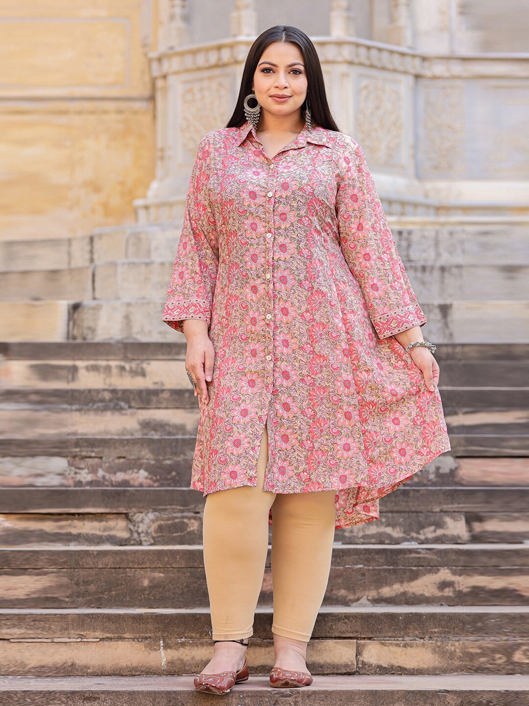 

KAAJH Floral Printed Shirt Collar A-Line Kurta, Pink