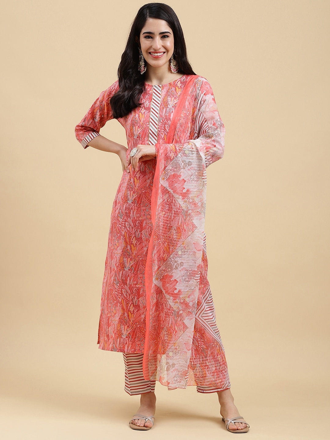 

MOKOSH Floral Printed Regular Kurta With Trousers & Dupatta, Pink