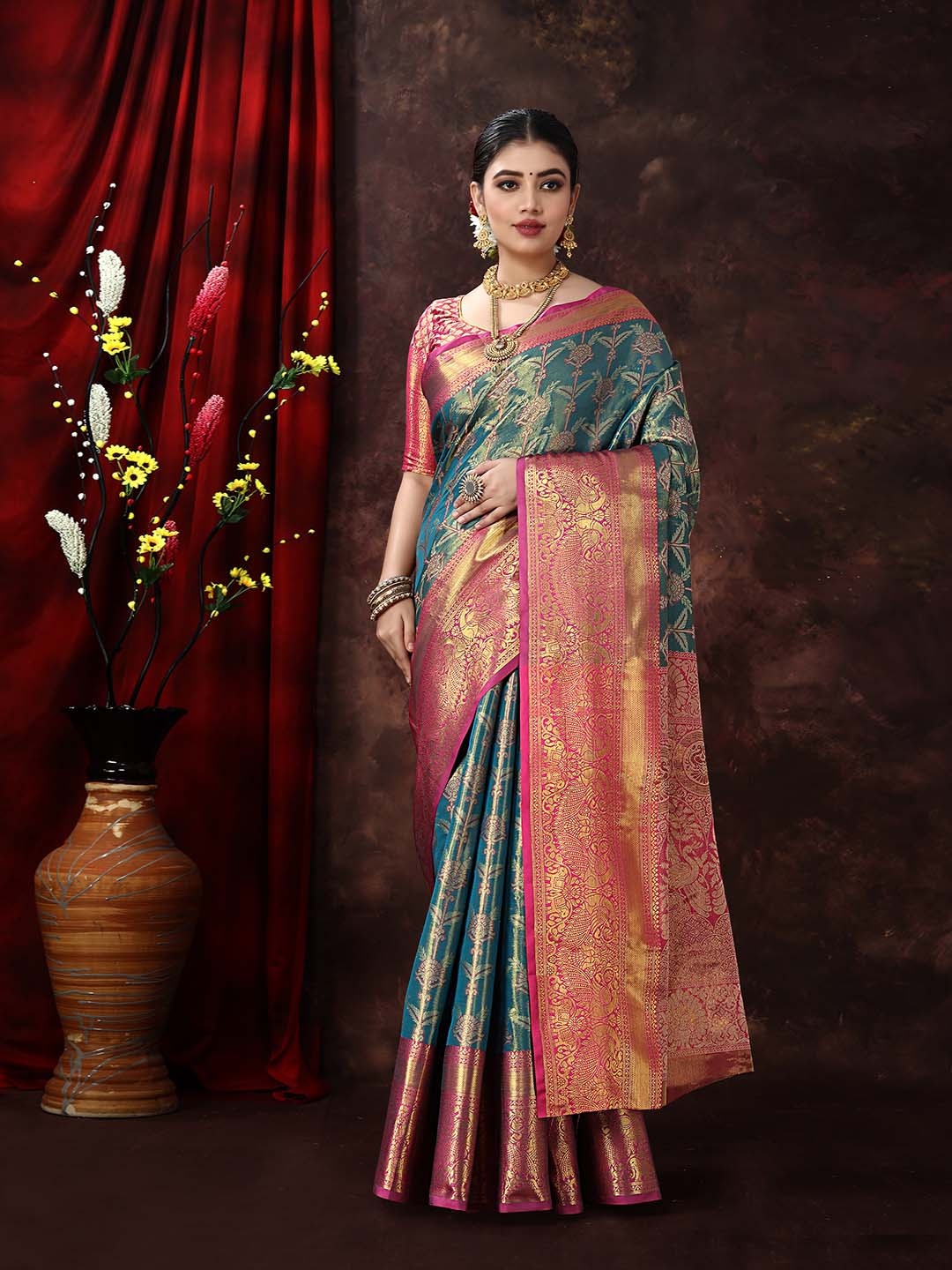 

JUST FASHION Woven Design Zari Kanjeevaram Saree, Turquoise blue